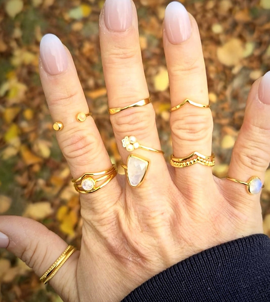 Hand mit mehreren Goldringen mit Mondstein und Perlen vor Herbstlaub