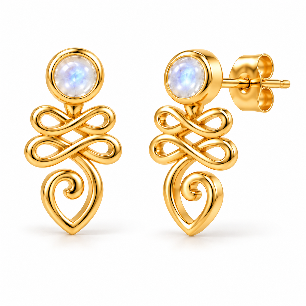 Unalome Mondstein Ohrstecker Gold aus 925 Sterling Silber mit 18 Karat Vergoldung, Freisteller